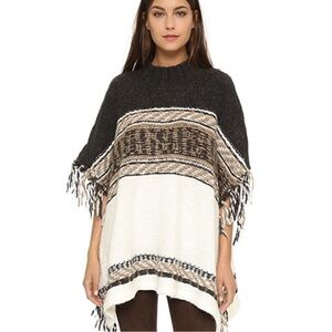Free People Fringe Knit Poncho Black Beige Stripe - Size XS/S